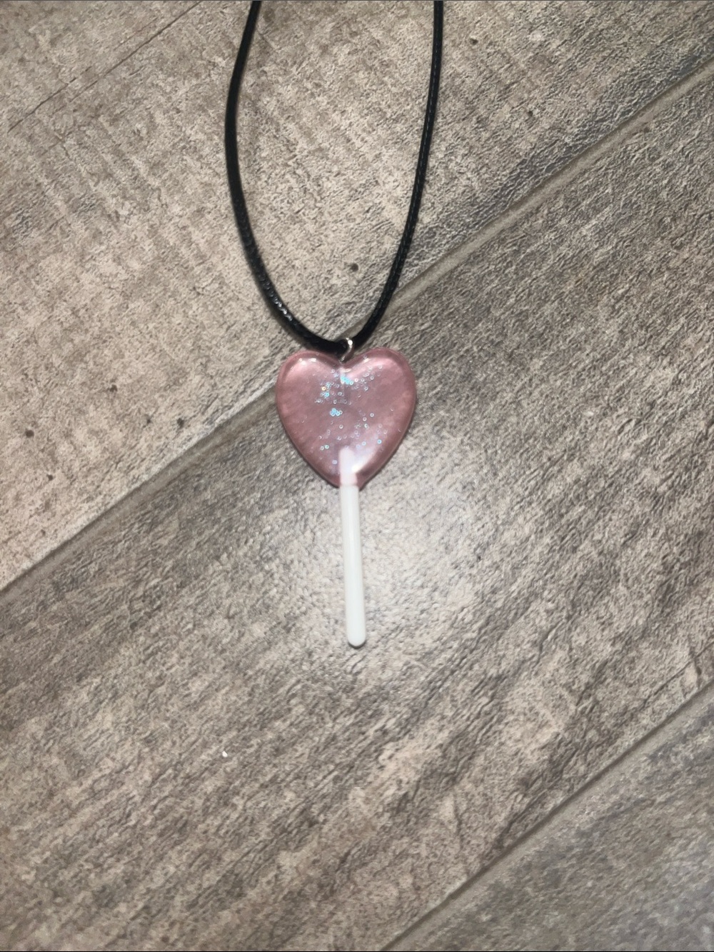 Pink Heart Lollipop Pendant Necklace on Black Cord